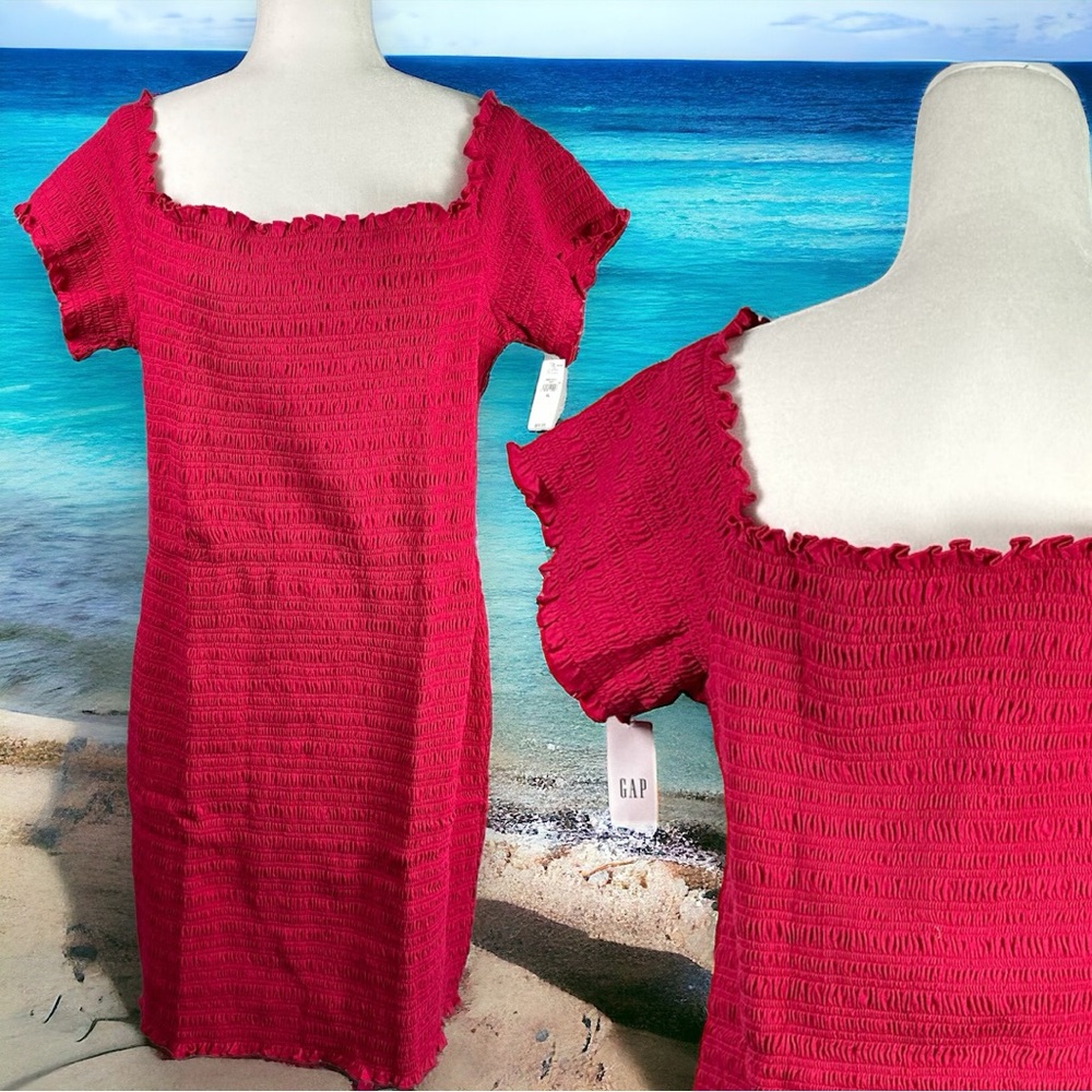 NWT Gap Off Shoulder Smocked Stretch Cotton Blend Bandage Mini Dress Hot Pink XL